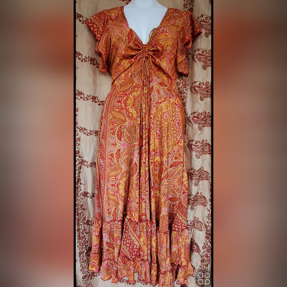 Earthbound Stunning Red and Gold Rutched Adjustable Sari Dress Size XXL